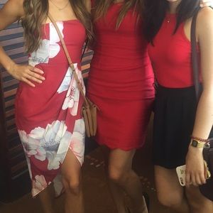 Australian red floral strapless dress w/slit XS/6